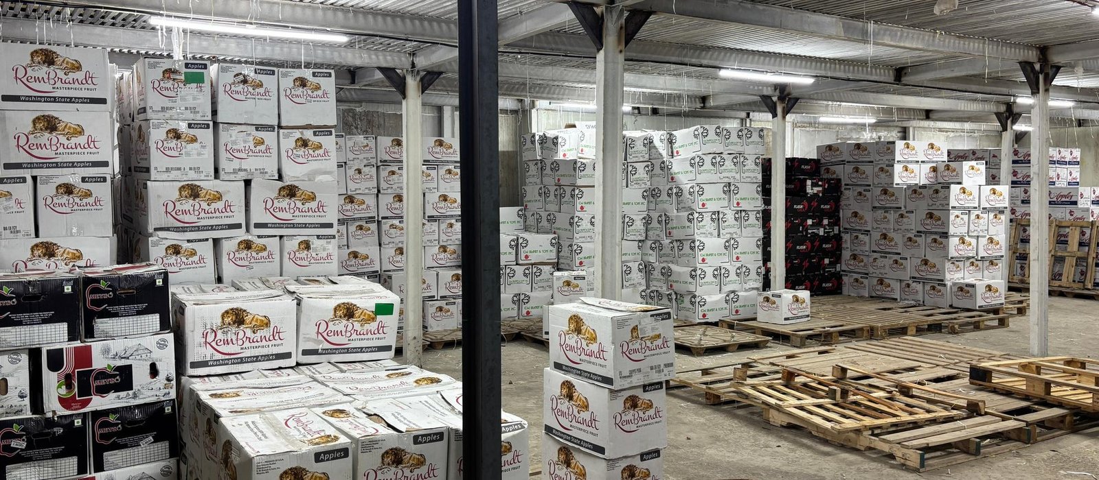 Cartons of imported apples stacked inside the Navi Mumbai cold store